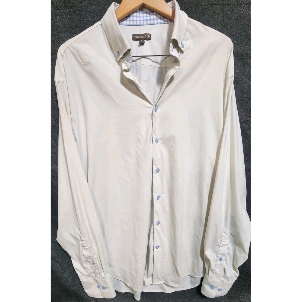 PETER MILLAR Summer Comfort Checkered Collar Long Sleeve Shirt Sz XL‎ White Golf